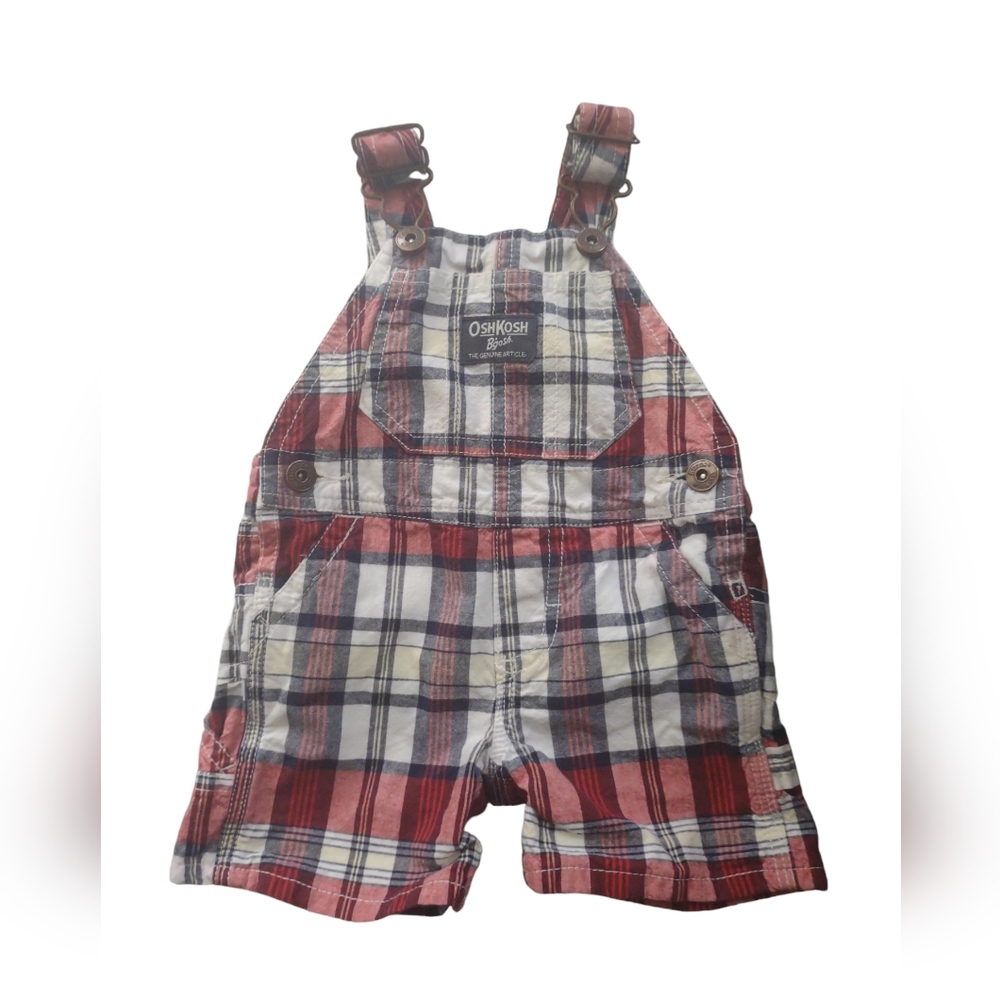 OshKosh B'gosh overalls short Baby 6 mo red/black‎ plaid yellow stripe pockets